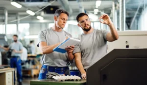 Industrial workers doing quality control of manufactured products in a factory.