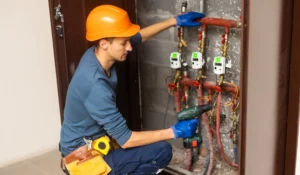 plumber installing pressure meter